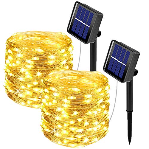 ooklee [2 Stück] Solar Lichterkette Aussen, 10M 100 LED Lichterkette Außen Wasserdicht KupferDraht 8 Modus Solarlichterkette Deko für Garten Balkon Terrasse Bäume Hof Hochzeit Party Deko (Warmweiß) von ooklee