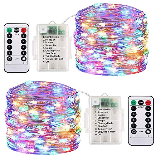 ooklee LED Kupferdraht Lichterkette, 2er 10M 100 LEDs Lichterkette Batterienbetrieben mit Fernbedienung Wasserdichte 8 Modi Timer für Innen Außen DIY Schlafzimmer Weihnachten Garten Hochzeit (Bunt) von ooklee