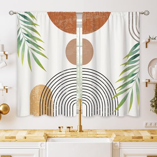 Oolygoo Boho Mitte Century Kleine Küchenvorhänge, moderne abstrakte Fensterbehandlung, Blattstange, Tasche, Café, kurze Fenstervorhänge für Badezimmer, böhmische Stufenbehandlung, Vorhänge 70x99 cm von oolygoo