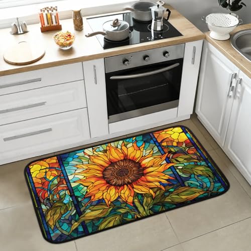 Küchenmatten, Glas-Sonnenblumen-Küchenteppiche, gepolstert, Anti-Ermüdungs-Küchenmatten, rutschfest, Stehschreibtischmatte, saugfähiger Küchenteppich für Boden, Küche, Büro, Spüle, 50,8 x 99 cm von oooJHooo