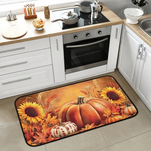 Küchenmatten, Herbst-Ahornblatt-Kürbis-Küchenteppiche, gepolsterte Anti-Ermüdungs-Küchenmatten, rutschfeste Stehschreibtischmatte, saugfähiger Küchenteppich für Boden, Küche, Büro, Spüle, 50,8 x 99 cm von oooJHooo