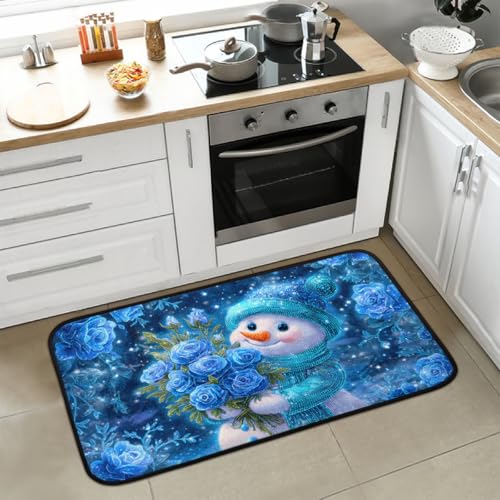 Weihnachtliche Küchenmatten, blauer Schneemann-Rosen-Küchenteppich, gepolsterte Anti-Ermüdungs-Küchenmatten, rutschfeste Stehschreibtischmatte, saugfähiger Küchenteppich für Boden, Küche, Büro, Spüle von oooJHooo