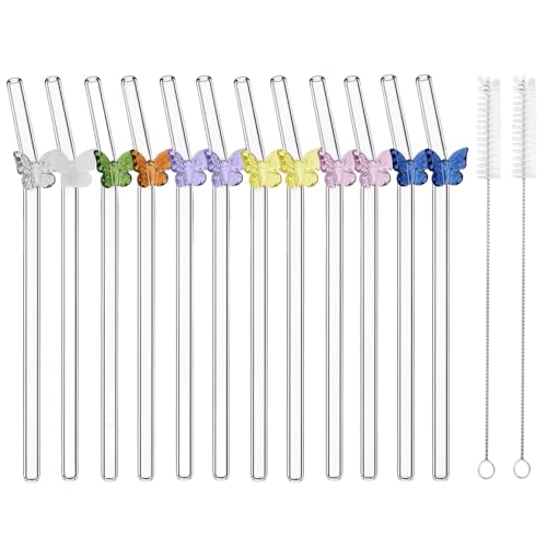 12 Stück Schmetterling Glasstrohhalme Mit Motiv, Glas Strohhalme Glasstrohhalme Lang, Glasstrohhalm Kurz Trinkhalme Glas Glastrinkhalm, Glashalme Zum Trinken Mit Reinigungsbürsten Für Säfte, Milch von oooaooo