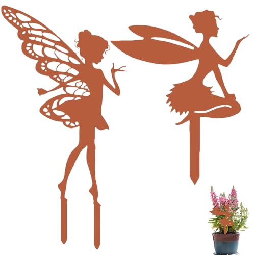 2 Stück Elfen Figuren Garten, Gartendeko für Draußen Wetterfest Gartendeko Dekoration Garten Gartenstecker Edelrost Elfe Feen Wunderschöne Edelrost-Elfen-Figuren Pflanzenstecker von oooaooo