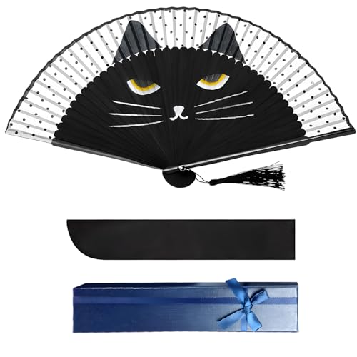 3 Stück Fächer Katze,Fächer Schwarz Handfächer Stabil, Facher Damen, Fächer Stoff, Fächer Rave mit Aufbewahrungstasche und Geschenkkarton Fransen Handfächer Set von oooaooo