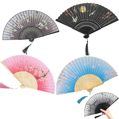 4 Stück Handfächer Stabil, Fächer Festival, fecher Damen, Fächer Groß Festival Zubehör Hand Fan Faltbare Handfächer-Set für Party Tanz Hochzeit Heimdekoration Cosplay von oooaooo