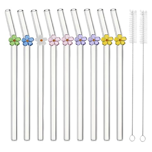 9 Stück Blumen Glasstrohhalme Mit Motiv Set, Glas Strohhalme Glasstrohhalme Lang, Glasstrohhalm Trinkhalme Glas Glastrinkhalm, Glashalme Zum Trinken Mit Reinigungsbürsten für Säfte Milch von oooaooo