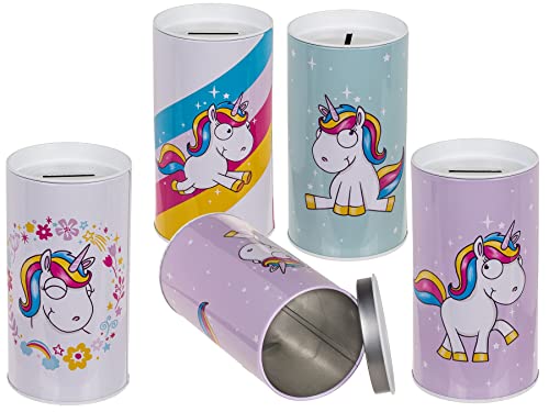 Metall Spardose Comic Einhorn Gelddose Sparbüchse Sparschwein Taschengeld Urlaubsgeld Geschenkidee Abnehmbarer Deckel 4er Set von ootb