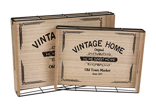ootb Tablett mit Aufschrift "Vintage Home", aus Holz und Metall, 2er Set, ca. 34 x 24,8 cm und ca. 28 x 20 cm von ootb