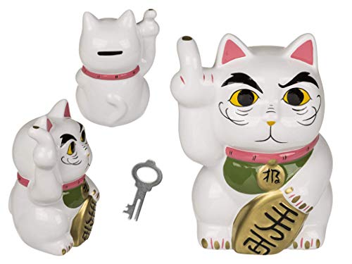 ootb Spardose weiß mit Schloss, Angry Cat, wütende Katze, 15 cm aus Keramik von ootb