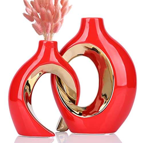 Orenm Rot Gold Moderne Kunst Home Dekorative Vase Abstrakt Hohl Runde Keramik Vase 2-teiliges Set Eingang Wohnzimmer Esstisch Hochzeit Tafelaufsatz (Rot + Gold) von orenm