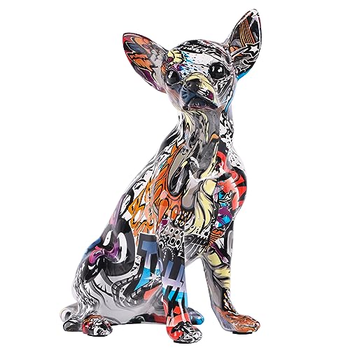 orenm Bunte Chihuahua-Statue, Moderne Graffiti-Kunst, Mehrfarbig, Hundefigur, Kunstharz, Heimdekoration, Spritzfarbe, Tierskulptur, Ornament, Welpenfigur, modernes Heimbüro, Desktop-Dekoration von orenm