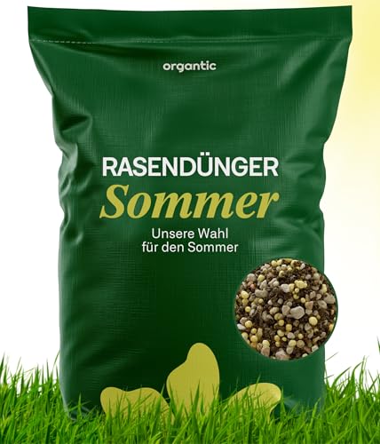 Sommerrasendünger 20kg, Hochwirksamer Dünger für sattgrünen Rasen, ideal bei Sommerstress, bekämpft Moos, niedriger Staubgehalt, geeignet für Streuwagen, organtic (20kg für 1.000m²) von organtic