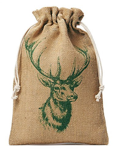 ORGANZABEUTEL24 5 Jutebeutel, Jutesäckchen mit Baumwollkordel und aufgedrucktem Hirsch-Motiv, Geschenkverpackung, Dekoration, Outdoor, Jagd, Wald-Motive (23x15 cm) von ORGANZABEUTEL24