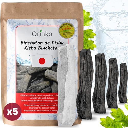 Binchotan, Bio-Kishu, 5 Stück, Größe M (40 g x 5, 200 g) | Authentische Binchotan-Aktivkohle traditionell aus Japan (Wakayama) zur Wasserreinigung in Karaffe | ORINKO von orinko