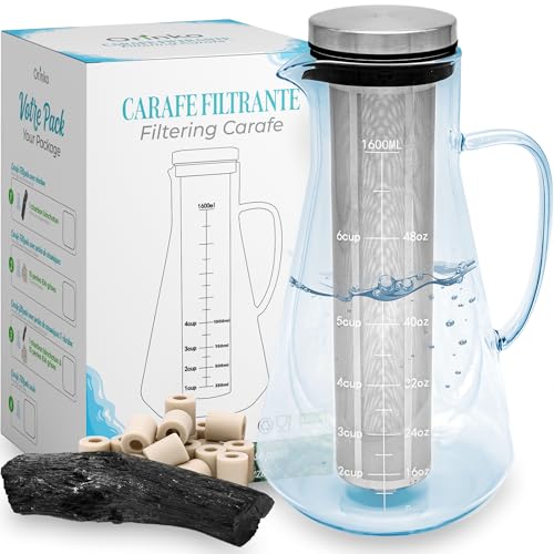 ORINKO Wasserreinigungsset – Binchotan Aktivkohlefilter Wasser 40 g & 15 EM-Keramikperlen mit 1,6 L Glaskaraffe – Natürliche Wasserfiltration von orinko