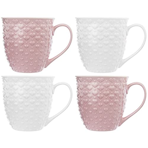 orion group Keramikbecher Keramiktasse Kaffeebecher Teebecher mit Henkel rosa weiß mit Herzmuster 4x580 ml Set von orion group