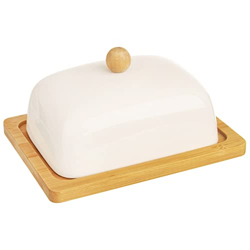 Orion - Butterdose mit deckel aus Weiß porrzellan Bambusholz - Butterschale - Butterdosen - Butter behälter dish - Butterglocke - Butterbehälter - Butterbox - Butterfass - Kräuterbutter 16x13x8,5 cm von orion group