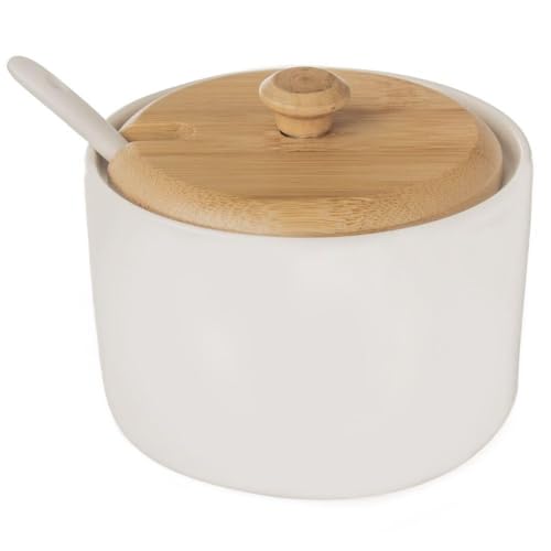 orion group - Zuckerdose mit Deckel und Löffel - Höhe 6,5 cm - Weißes Porzellan und Bambusholz - Zuckerpott - Modern Zuckerbehälter - sugar container von orion group