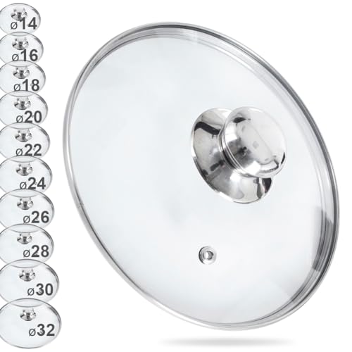 orion group Glasdeckel mit Edelstahlring für Topf und Pfanne | Ø (22 cm) 14, 16, 18, 20, 22, 24, 26, 28, 30, 32 cm | 200°C hitzebeständiges Glas | Pfannendeckel Topfdeckel Universaldeckel von orion group