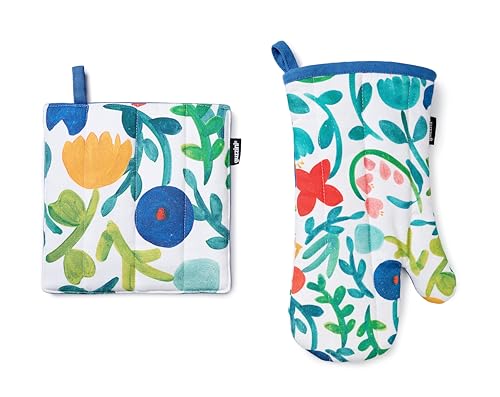 GUZZINI- Küchenzubehör mit 1 Topflappen 20x20 und 1 Ofenhandschuhe 32x19 aus Weiche Baumwolle ÖkoTex-Zertifiziert Hitzefest 250°, Küchenhelfer Set mit Handschuh, Topfhalter, Tasche und Haken Resistent von osama home