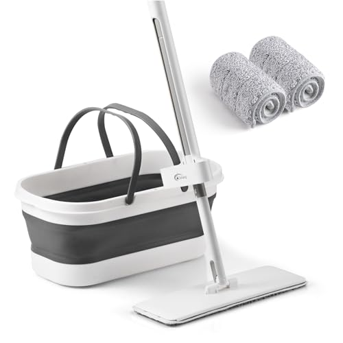 oshang Flacher Wischmopp und zusammenklappbarer Eimer OG7, Wischmopp und Eimer zur Bodenreinigung, faltbarer Eimer mit Rollen, 2 waschbare & wiederverwendbare Mikrofaser-Pads von oshang