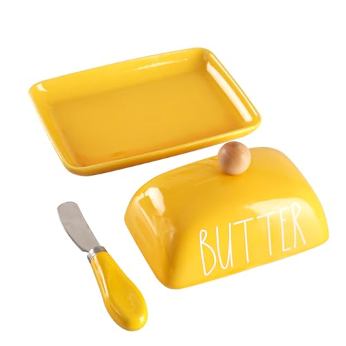 Butterdose aus Porzellan mit Deckel und Messer, Butterbehälter mit Deckel und Griff-Design für Arbeitsplatte, Gelb von oskas