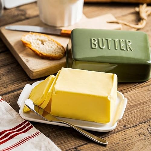 Butterdose mit Porzellandeckel für die Arbeitsplatte Butterhalter Behälter für eine Stange Butter Strukturiertes Tablett Butterbehälter für rutschfeste Aufbewahrung - Grün Groß von oskas