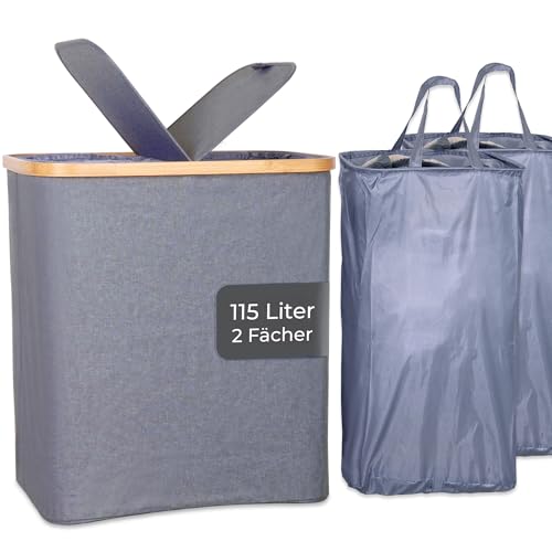 Wäschekorb 2 Fächer Innenbeutel herausnehmbar | Wäschesortierer getrennte Kammern | Wäschebeutel waschbar | Wäschebox Nelson anthrazit 115L faltbar von osoltus