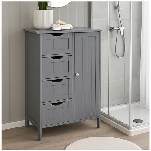 osoltus Beistellschrank Badezimmer Hampton | Cottage Design 1 Tür mit 2 Regalböden und 4 Schubladen | Badezimmerschrank Holz 55 x 32 x 82 cm (LBH) (grau) von osoltus