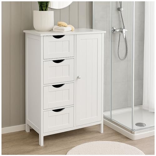 osoltus Beistellschrank Badezimmer Hampton | Cottage Design 1 Tür mit 2 Regalböden und 4 Schubladen | Badezimmerschrank Holz 55 x 32 x 82 cm (LBH) (weiß) von osoltus