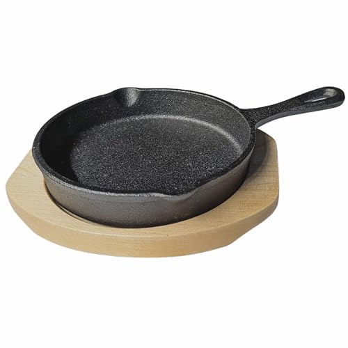 osoltus Grillpfanne Gusseisen Servierpfanne Cast Iron mit Holzuntersetzer, Ø 13 cm, Gusseisen/Holz (dunkelgrau, Servierpfanne) von osoltus