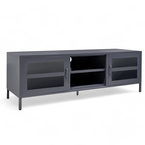 osoltus Sideboard Industriedesign Metall | TV-Konsole mit 2 Glastüren Magnetverschluss | 6 Fächer 150 x 45 x 51,5cm dunkelgrau von osoltus