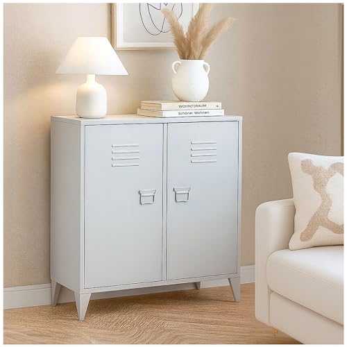 osoltus Spindschrank Industriedesign 2 Türen magnetisch | Büroschrank Metall 80 x 40 x 90 (LBH) Lüftungsgitter | Industrial Wohnen 2 Regalböden (sandgrau) von osoltus