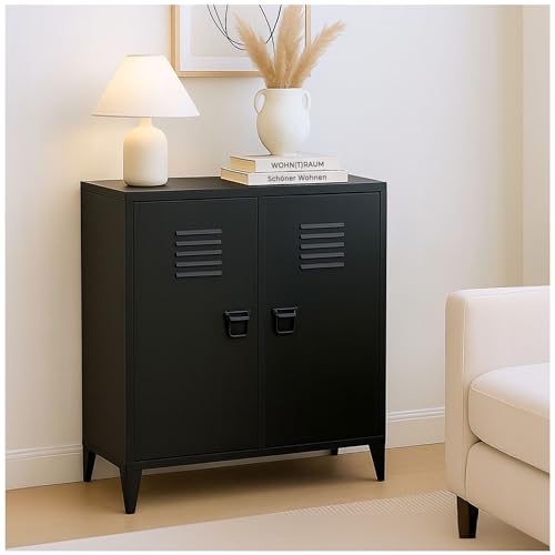 osoltus Spindschrank Industriedesign 2 Türen magnetisch | Büroschrank Metall 80 x 40 x 90 (LBH) schwarz Lüftungsgitter | Industrial Wohnen 2 Regalböden von osoltus