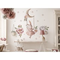 Niedliches Wandtattoo Hase, Hase Auf Schaukel, Pfingstrose, Wandaufkleber Sterne, Für Mädchen von osomhome