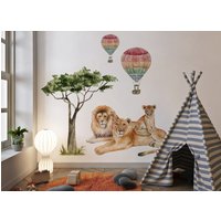 Savanne Löwen Und Baum Wandaufkleber, Kinderzimmer Dekoration Mit Safari Thema Heißluftballon Abziehbilder von osomhome