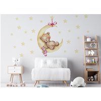 Teddy Bär Kinderzimmer Wandtattoo Schlafende Tiere Auf Dem Mond Aquarell Waldtiere Und Sterne Wandsticker Für von osomhome