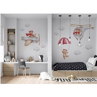 Teddybär Kinderzimmer Wandsticker Bär Im Himmel Flugzeug Und Hubschrauber Wolken Für Kinder von osomhome