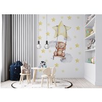 Teddybär Kinderzimmer Wandsticker Tiere Am Stern Aquarell Waldtiere Bär Und Sterne Für Kinder von osomhome