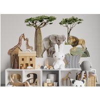 Wandaufkleber Für Kinder Safari Savannah Tiere - Löwen, Elefanten, Giraffen Und Bäume von osomhome