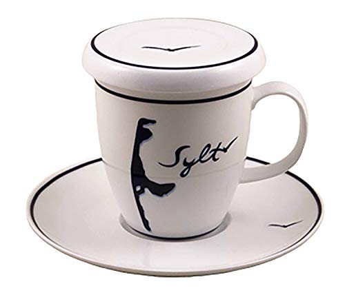 Kaffee-Becher- KRUG Sylt- Sylter Becher/blau-weiss bzw bunt/Syltmotiv/Motiv Sylt/Sylter Becher/Strandtasse-Becher (Deckeltasse 3tlg) von osters muschel-sammler-shop