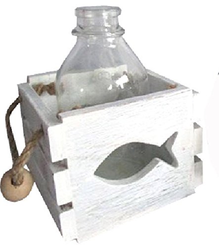 osters muschel-sammler-shop Holzbox mit Glas-Flasche in Beachoptik und Jutebändern/Motiv Fisch - auch als Windlicht zu benutzen - Maritime Tisch-Dekoration für drinnen und draußen (Weiß) von osters muschel-sammler-shop