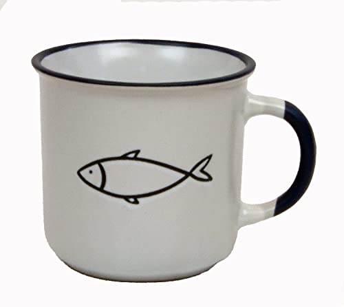 osters muschel-sammler-shop Kaffeebecher-Tasse maritim - Keramik ┼ 400ml ┼ Teebecher ┼ Strandtasse-Becher ┼ Geschenk-Artikel (Weiss mit Fisch) von osters muschel-sammler-shop