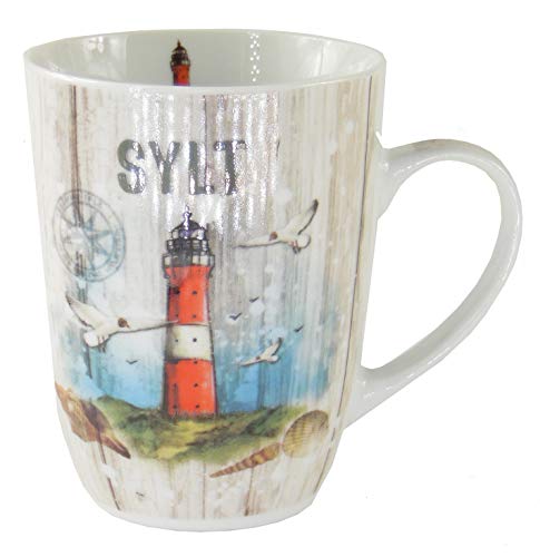 osters muschel-sammler-shop Kaffeebecher Weiss mit Sylter Leuchtturm/Teebecher/Weiss-bunt/Syltmotiv/Motiv Sylt/Sylter Becher/Strandtasse-Becher/Sylt - Geschenk-Artikel von osters muschel-sammler-shop