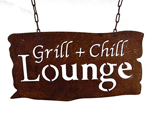 osters muschel-sammler-shop verrostetes Garten-Metallschild zum Hängen Grill & Chill Lounge BBQ - ulkig und originell zum aufhängen an Ketten - das Schild für den Garten - von osters muschel-sammler-shop