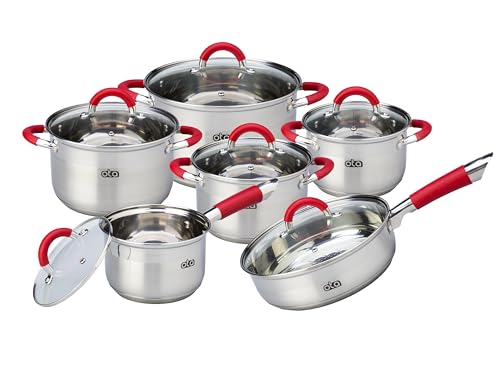 12-teiliges Kochtopf-Set, Edelstahl, Antihaftbeschichtung, Induktionsgeeignet, Glasdeckel, Rote Griffe von ota