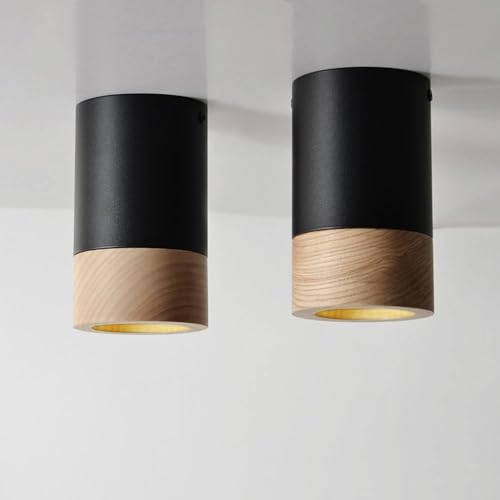 ouglres Deckenlampe Aufputz,Industrial Deckenleuchte Schwarz,2er Deckenspots aus Metal und Holz,Gu10,Retro Design Deckenstrahler für Wohnzimmer Schlafzimmer Flur Küchen,Einfache Montage von ouglres