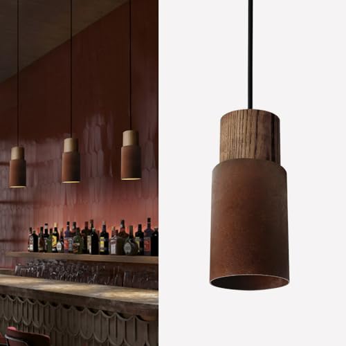 ouglres Pendelleuchte 1 Flammig Industrial,Modern Holz Küchen Hängelampe,Vintage Zylinder Metall Lampenschirm,Höhenverstellbar Rostrot e27 Hängeleuchte für Esstisch Nachttisch Schlafzimmer Esszimmer von ouglres