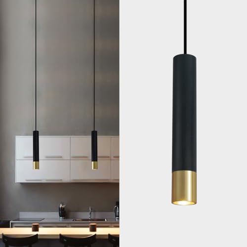 ouglres Pendelleuchte Schwarz 1 Flammig,Industrial Gold Hängelampe,Durable Metall Lampenschirm,Modern Zylinder Holz Hängeleuchte für Schlafzimmer Nachttisch Bar Cafe Küche,Höhenverstellbar,Gu10 von ouglres